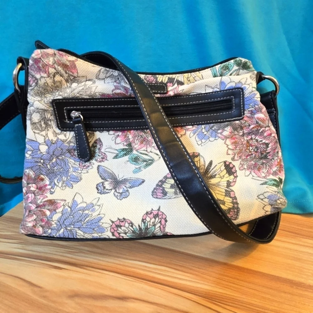 Stone & Co. Shoulder Bag Colorful Butterflies Black Trim Zipper Pockets Purse